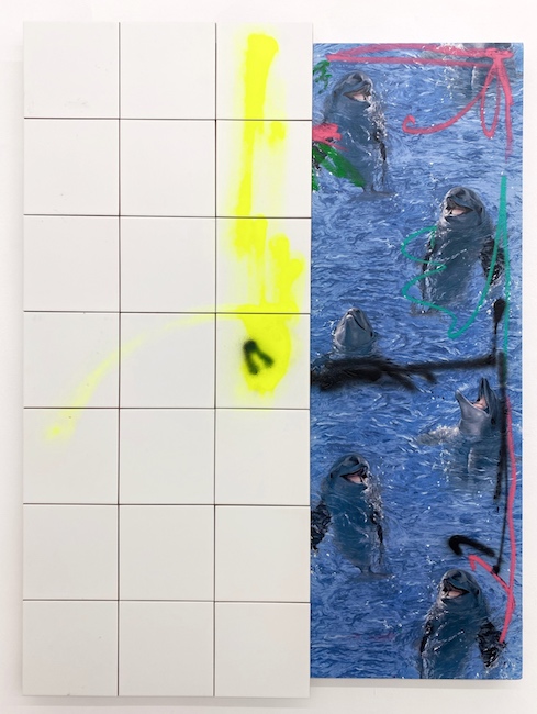 Mateusz von Motz: Love Dolphins II, 2021, oil, wallpaper, tiles, wood, 140 x 104 cm

